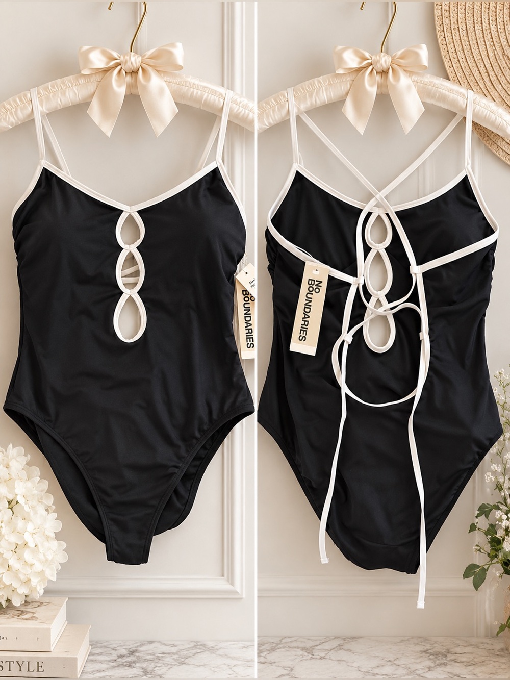 NWT NO BOUNDARIES SZ L Black One-Piece Swimsuit with White Trim